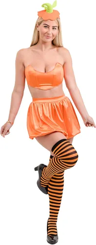 Vista 2 de Disfraz de calabaza para mujer, disfraz de calabaza para adultos, disfraz de Halloween, traje de calabaza sexy, conjunto de 5 piezas