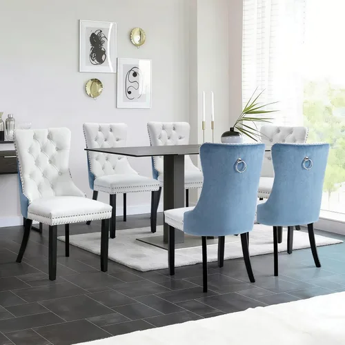 Vista 107 de Juego de 2 sillas de comedor de terciopelo con patas de madera, color beige Mid Century Modern Dining Chairs,Upholstered Chairs with Nailhead