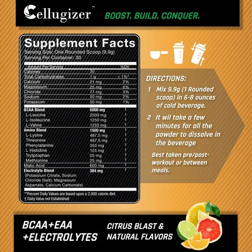 Vista 3 de BCAA + EAA + electrolitos Nuevo y mejorado 0.25 oz de EAA, 0.18 oz de BCAA, matriz de hidratación Sabor cítrico 30 porciones