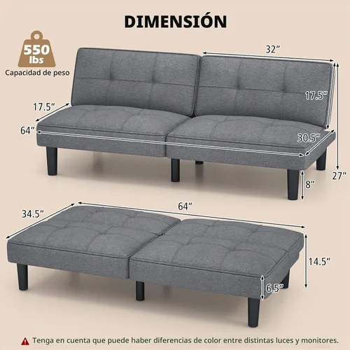 Vista 3 de KOMFOTT Sofá cama tipo futón convertible, sofá cama plegable tapizado de lino con respaldo ajustable de 6 posiciones, cojín grueso, sofá reclinable