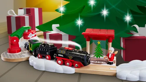 Vista 6 de BRIO World - Tren de Vapor Navideño - Tren Operado a Batería - Motor de Vapor Motorizado de 27 Piezas para Pista de Madera con Luces y Vapor Apto