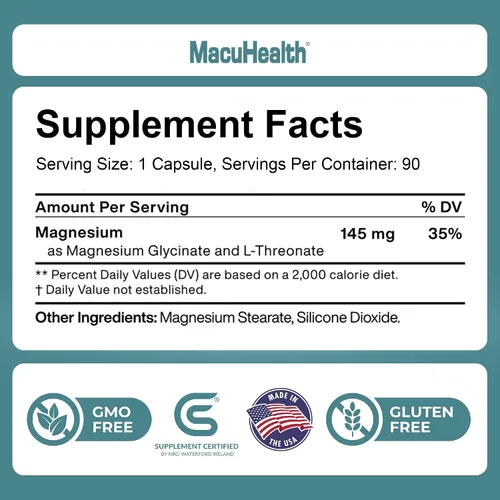 Vista 2 de MacuHealth Glicinato de magnesio y L-treonato 145mg - 90 cápsulas - Magnesio altamente absorbible para energía, calma y enfoque - Suave