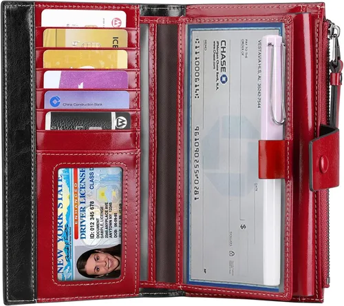 Vista 2 de Itslife Cartera de cuero con bloqueo RFID de gran capacidad para mujer Rojo escarlata Classic
