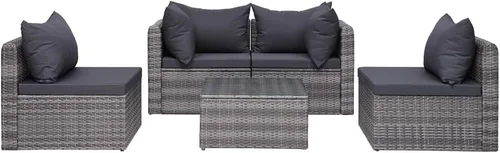 Vista 5 de Ensemble de Salon 5 Pièces en Simili-Rotin Gris PE Pour Jardin et Terrasse, Résistant aux Intempéries avec Coussin Amovible, Table Basse en Verre et