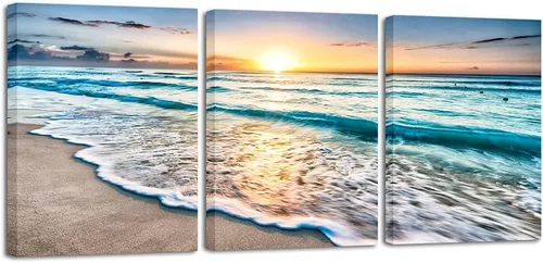 Vista 10 de Wieco Art Lienzo enmarcado para pared, 3 paneles de playa azul para decoración del hogar, puesta de sol, olas de playa, imágenes sobre lienzo