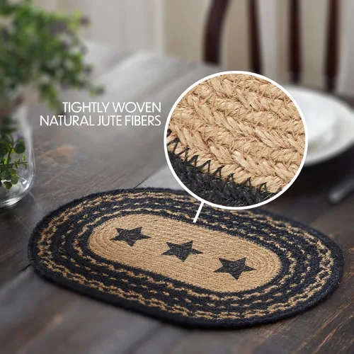 Vista 2 de VHC Brands Farmhouse Star - Mantel individual para mesa de comedor, yute trenzado, ovalado, negro tostado, 10 x 16 pulgadas