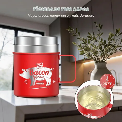 Vista 4 de PGYARD Mini protector de grasa de tocino con colador, recipiente de aceite de acero inoxidable de 20 onzas, protector de grasa de tocino de granja