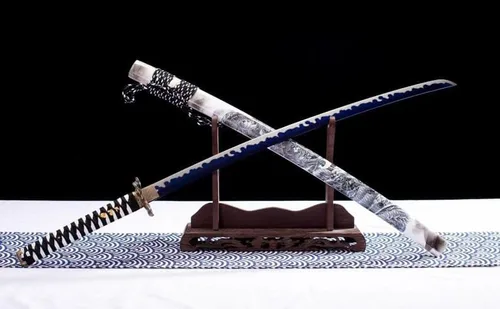 Vista 2 de Espada katana samurái japonesa, acero de alto carbono 1060 tradicional hecha a mano, llama azul espiga completa