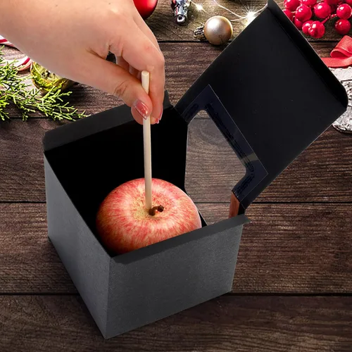 Vista 5 de ZEAYEA Paquete de 50 cajas de manzana de caramelo con agujero y palos, caja de regalo de manzanas de caramelo de 4 x 4 x 4 pulgadas con ventana