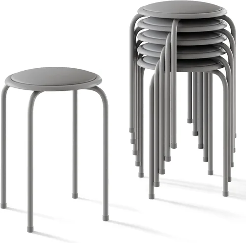 Vista 10 de VECELO Taburetes apilables de 6 piezas, altura estándar de 17 pulgadas, asiento acolchado y patas de acero, taburetes decorativos apilables Negro