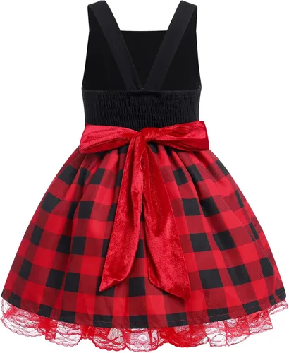 Vista 2 de Vestido de fiesta de Navidad para mujeres y niños y niñas, vestido de tutú a cuadros rojos con capa con capucha, capa y disfraz familiar a juego
