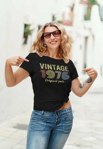Vista 2 de Regalo de cumpleaños número 50 para mujer, piezas originales vintage 1976 retro cumpleaños, camiseta de cumpleaños 50 Negro-0001