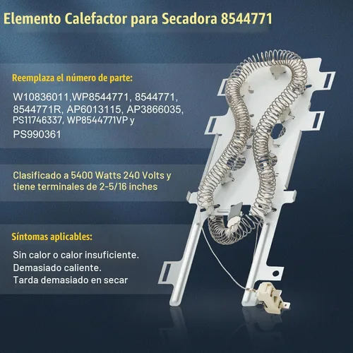 Vista 2 de Elemento calefactor para secadora 8544771 con termostato y fusible de corte