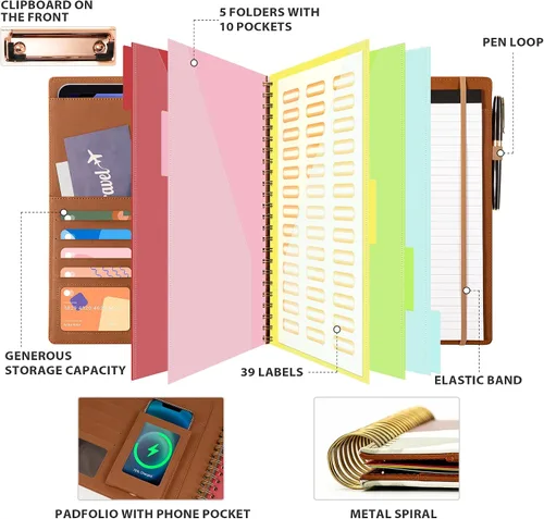 Vista 3 de Ospelelf Portapapeles con almacenamiento para hombres y mujeres, organizador de portafolio de cuero con 5 carpetas con 10 bolsillos, portapapeles