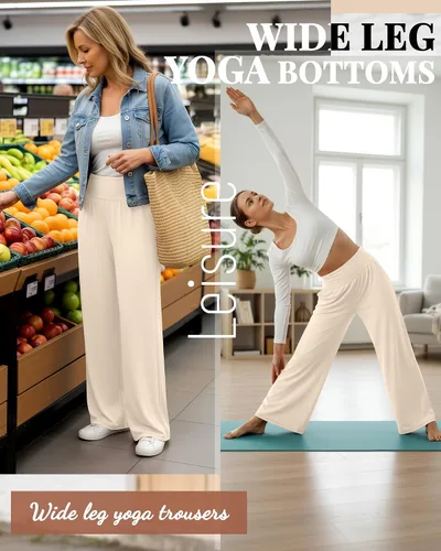 Vista 23 de Neer - Conjunto de 3 pantalones de yoga de pierna ancha para mujer - Pantalones deportivos cómodos, holgados, de cintura alta y casuales