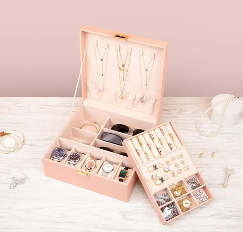 Vista 7 de Voova Joyero organizador para mujeres y adolescentes, estuche grande de almacenamiento de 2 capas, soporte de joyería de piel sintética con bandeja