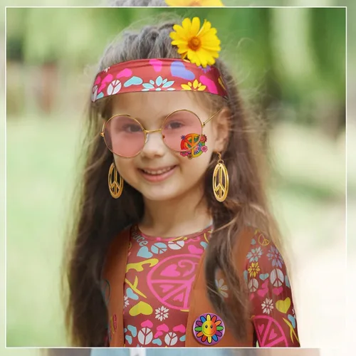 Vista 6 de Conjunto de disfraz hippie para niños de los años 60 y 70 con chaleco, signo de la paz, aretes, collares, diadema, pines hippie y tatuajes
