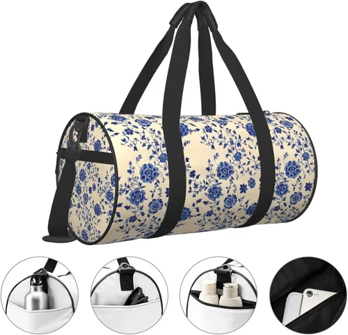 Vista 3 de Large Duffle Bag for Travel - Retro Blue Flowers (A) Print Gym Bag for Women Men, Travel Foldable Bags for Women Men with Zippered Multiple Pockets