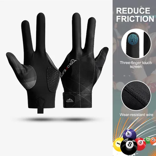 Vista 5 de Guantes de billar de 3 dedos, guantes de billar para mano izquierda y diestra, transpirables, antideslizantes, para billar Mano izquierda negra