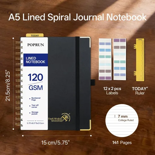 Vista 2 de POPRUN Cuaderno A5 con espiral, 120GSM, tapa dura, color negro