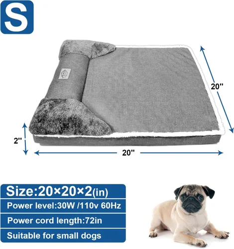 Vista 7 de Cama térmica para perros de 20x20 pulgadas, colchón de felpa con 9 niveles ajustables, funda extraíble lavable a máquina, fondo antideslizante, gris