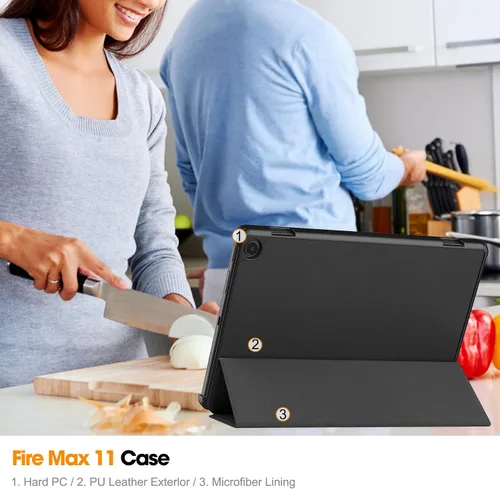 Vista 6 de Funda tipo folio con tapa para tablet Fire Max 11, ajuste delgado, de piel sintética de alta calidad, parte trasera dura, con función de apagado