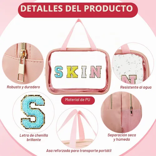 Vista 4 de Geetery Bolsa de maquillaje transparente de doble capa con parche de letras de chenilla, con asa práctica, organizador de cosméticos de nailon y PVC