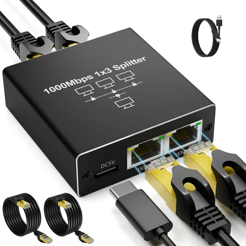 Vista 13 de Divisor Ethernet Gigabit 1 a 2, Divisores de cable LAN, interruptor Ethernet RJ45 de alta velocidad de 1000 Mbps con cable de alimentación USB C