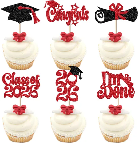 Vista 13 de Paquete de 24 adornos para cupcakes de graduación 2025 con purpurina I Am Done Diploma Felicidades Graduado Cap Cupcake Picks Class Of 2025
