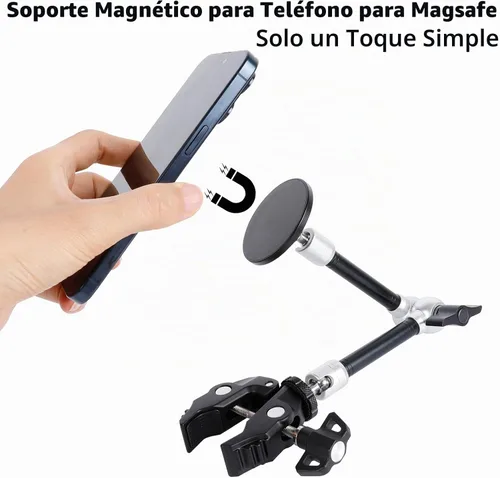 Vista 4 de Soporte magnético para teléfono totalmente metálico con súper abrazadera y brazo largo de 10 pulgadas para Magsafe, soporte ajustable para espejo