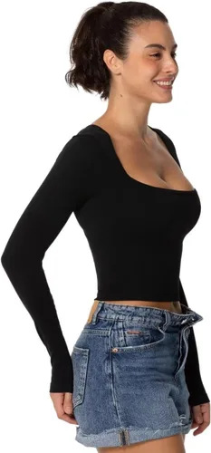 Vista 2 de Sunzel Camiseta corta de manga larga para mujer, con cuello cuadrado ancho, sexy, sin costuras, moderna, para entrenamiento, yoga, casual