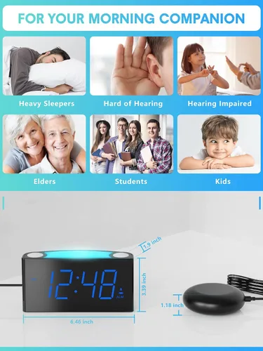 Vista 4 de ROCAM Reloj despertador extra fuerte con agitador de cama, reloj despertador vibratorio para personas que duermen con problemas auditivos sordos