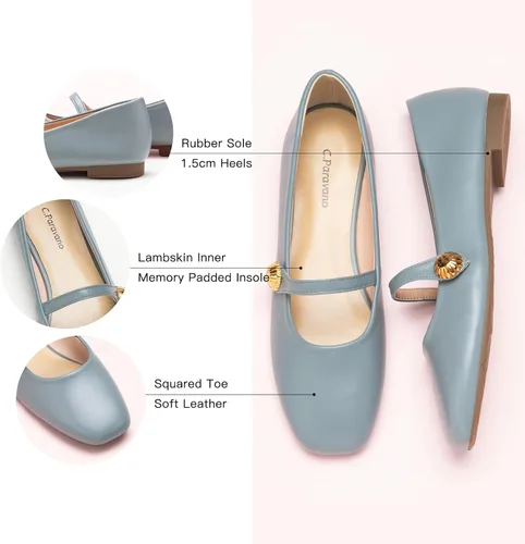 Vista 4 de C.Paravano Mary Jane Zapatos para mujer Zapatos planos de punta cuadrada para mujer Mary Jane Flats Zapatos planos para mujer (talla 7, azul_d)