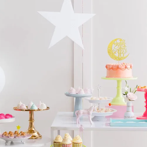 Vista 7 de 1 pieza de decoración de pastel de 16 años con purpurina de luna y estrella de luna feliz 16 cumpleaños, decoración para tartas de cumpleaños de 16