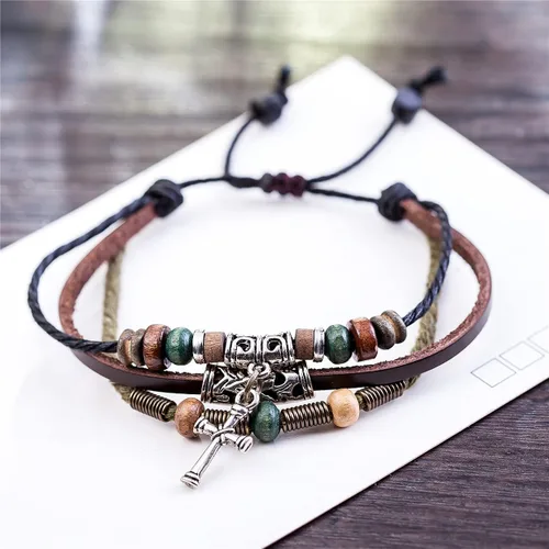 Vista 3 de Coostuff - 3 pulseras de cuero genuino hechas a mano con dijes trenzados de cuero negro para hombres y mujeres, Cuero