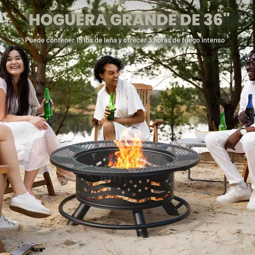 Vista 3 de Panovue - Fogata de 36 pulgadas con 2 rejillas de cocina, parrilla de acero redonda para leña al aire libre, con tapa, para barbacoa, fogata, pícnic