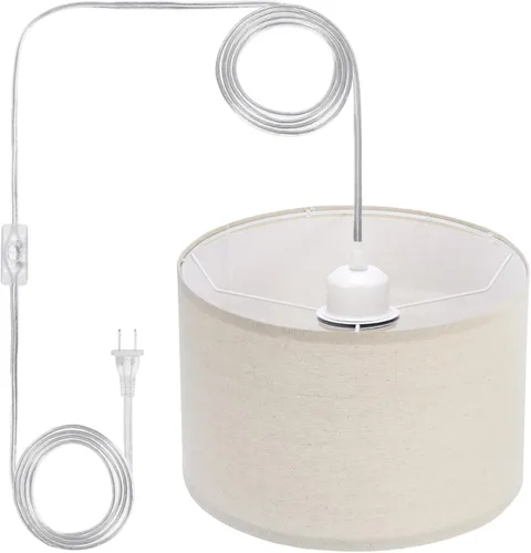 Vista 20 de PATIKIL - Lámpara colgante con enchufe, lámpara de 15 pies con cable de cuerda y interruptor de encendido/apagado, pantalla de tela de lino, enchufe