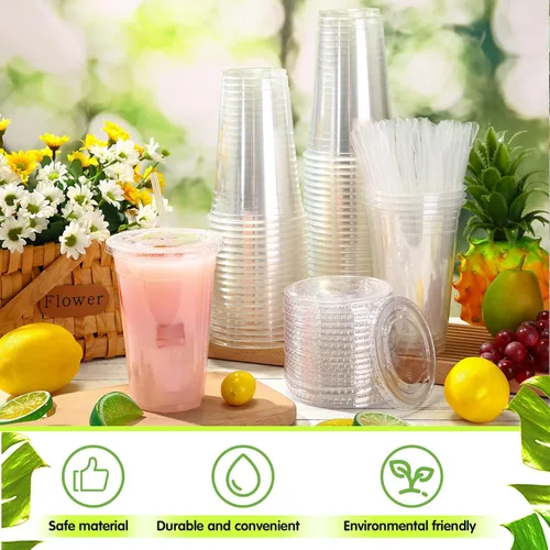 Vista 6 de Eaasty Juego de 50 vasos de plástico transparente de 20 onzas con cuchara, pajitas y tapas planas, desechables, para café helado, postre, yogur