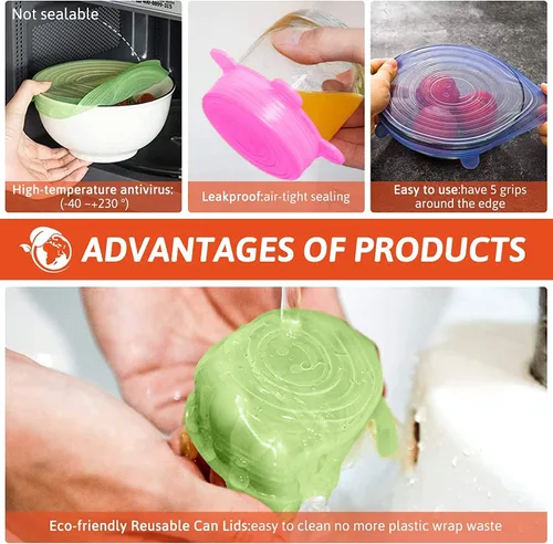 Vista 5 de Tapas elásticas de silicona – 12 tapas de silicona para almacenamiento de alimentos – Cubiertas redondas flexibles de silicona – Cubierta