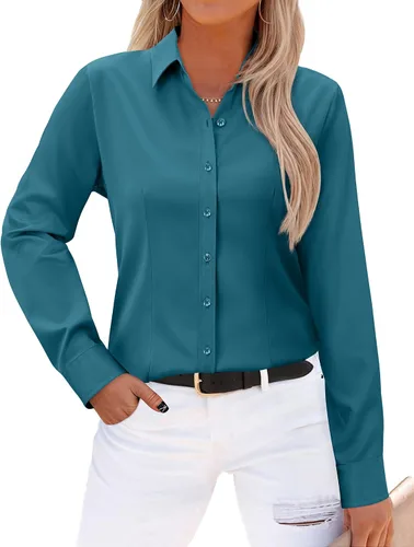 Vista 18 de Gleeivy - Camisas abotonadas para mujer, sin arrugas, de manga larga, camisas de vestir casuales con cuello V, ajustadas, de un solo