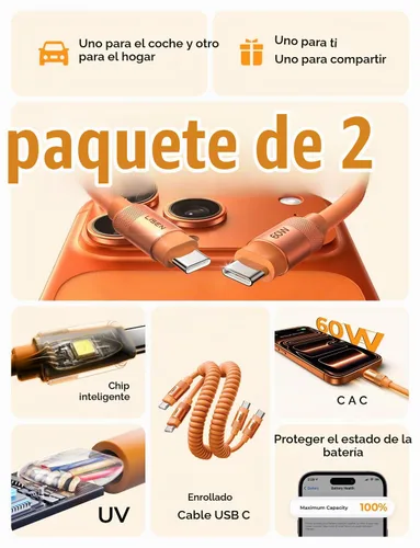 Vista 2 de LISEN Paquete de 2 cables USB C a USB C en espiral de carga rápida de 60 W Naranja