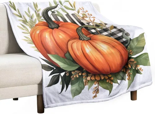 Vista 29 de Manta de lana cuadriculada con diseño de calabaza, hojas de arce, Acción de Gracias, manta de cama para otoño, Acción de Gracias, ligera, súper