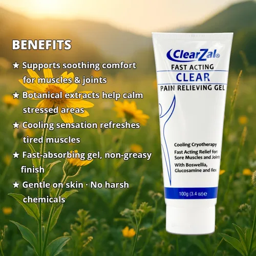 Vista 3 de ClearZal Gel transparente para aliviar el dolor de acción rápida con crioterapia refrescante, boswellia y glucosamina para dolores musculares