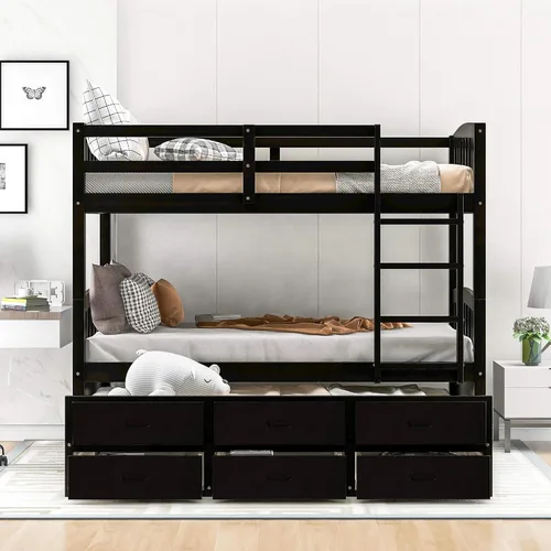 Vista 4 de Harper & Bright Designs Litera con nido y 3 cajones, marco de cama individual sobre individual de madera maciza con almacenamiento, barandilla