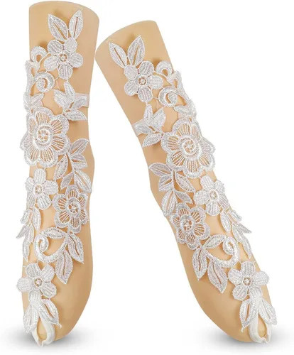 Vista 2 de 1 par de tobilleras con bordado de flores huecas con anillo para los dedos del pie, encaje floral descalzo, delicado y sexy encaje de ganchillo