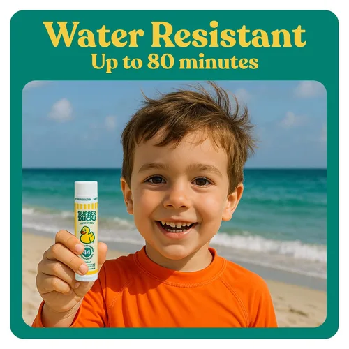 Vista 4 de Rubber Ducky Protector solar labial SPF 44, bálsamo labial vegano para niños con vitamina E, protección UV, resistente al agua, sin tintar, sabor a