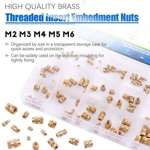 Vista 5 de Glarks 110 Uds. M2 M3 M4 M5 M6 Rosca hembra Tuercas moleteadas Latón Roscado Inserto Kit Surtido de tuercas para impresora 3D