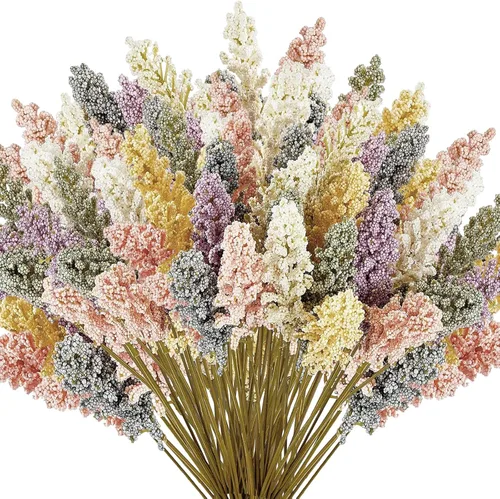 Vista 9 de WILLBOND 24 piezas de flores artificiales de aliento de espuma pastel, púas de bayas, mini ramo de flores de vainilla falsas para el hogar, jarrón