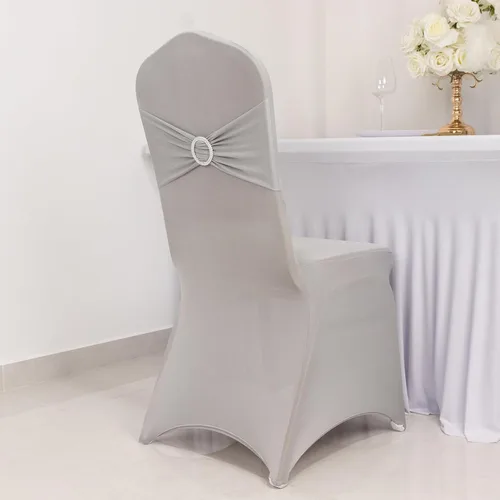 Vista 26 de Efavormart - Funda para silla de banquete de elastano beige con banda de hebilla de diamantes de imitación plateados, funda elástica para silla
