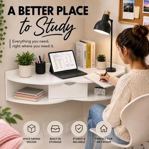 Vista 7 de Mesa plegable de pared con cajón, ahorro de espacio flotante Blanco